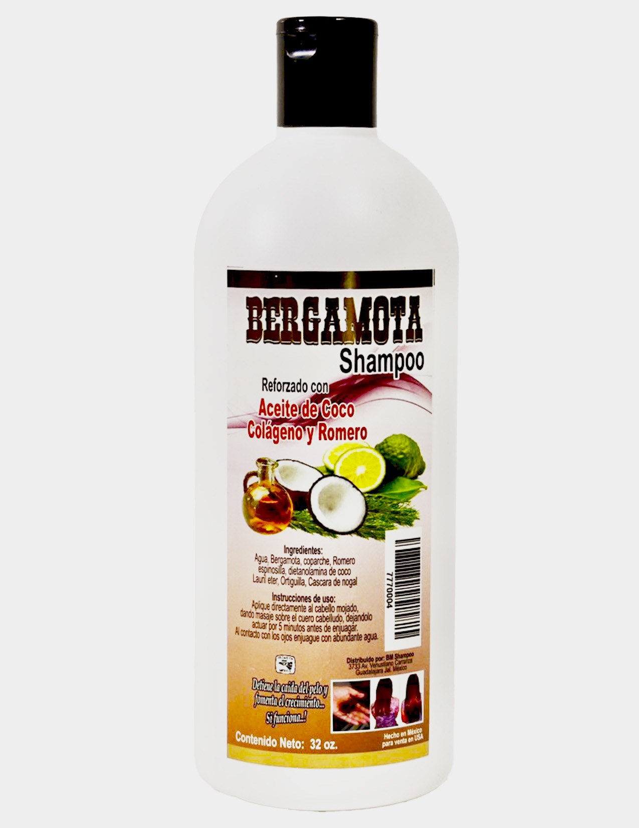 Bergamota Shampoo With Coconut /  Bergamota Shampoo Reforzado Acite Coco Colágeno Y Romero    32 OZ