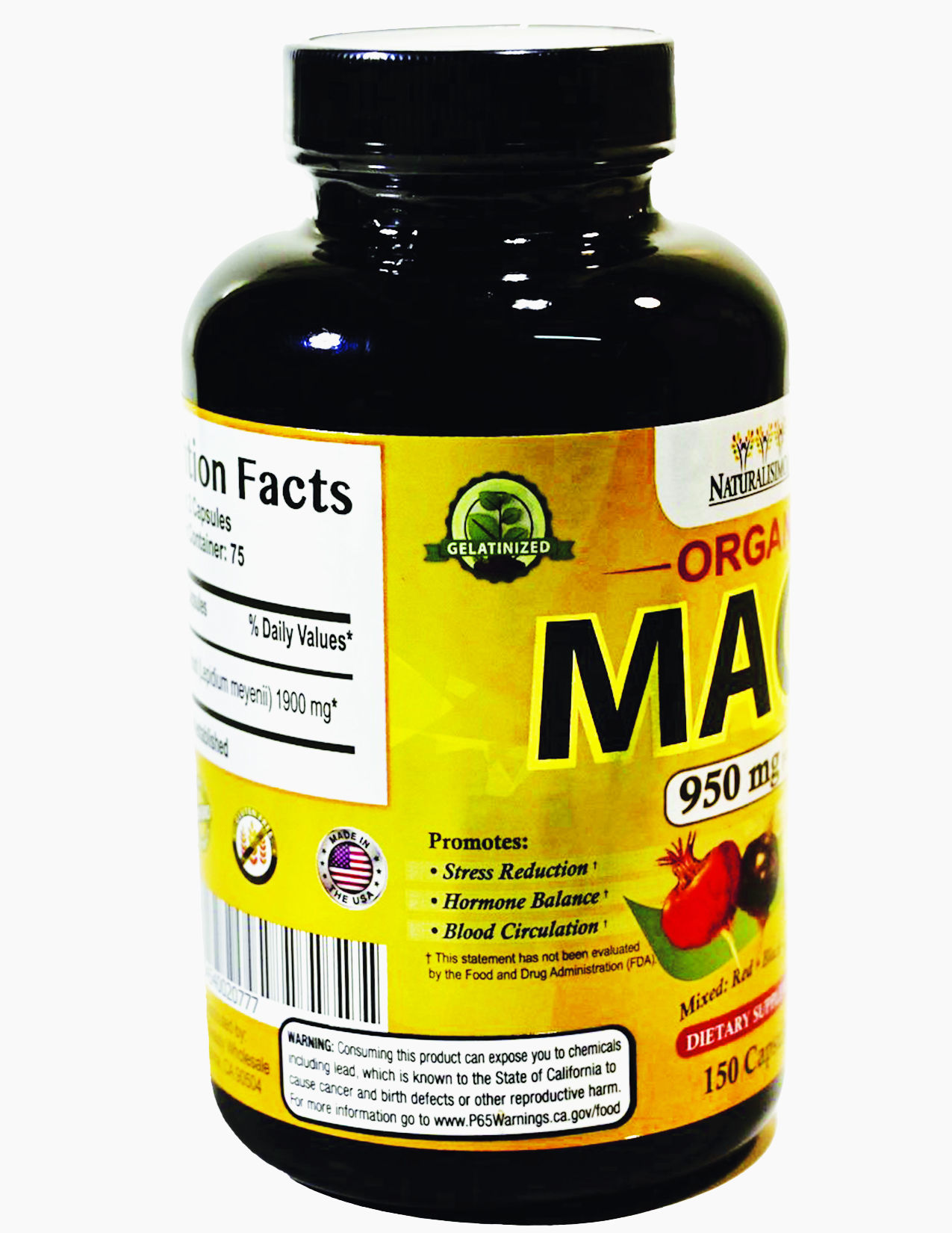 Organic Maca Root 950mg Per Capsule (150 cap) Dietary Supplement / Raíz de maca orgánica 950 mg por cápsula (150 cap) Suplemento dietético